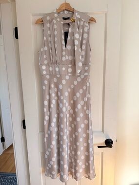 Donna Karan Taupe Midi Dress with White Polka Dots and Neck Tie